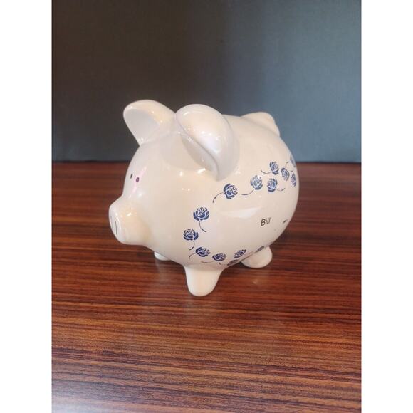 Ceramic Coin Bank Pig "Bill" & 65 Roses Collection Blue & White - Picture 10 of 10